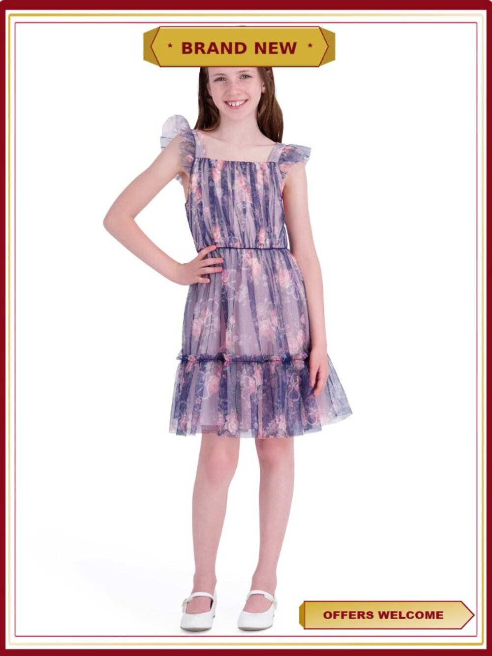 Girls Sleeveless Floral Printed Mesh Dress Ruffle Smocked Summer